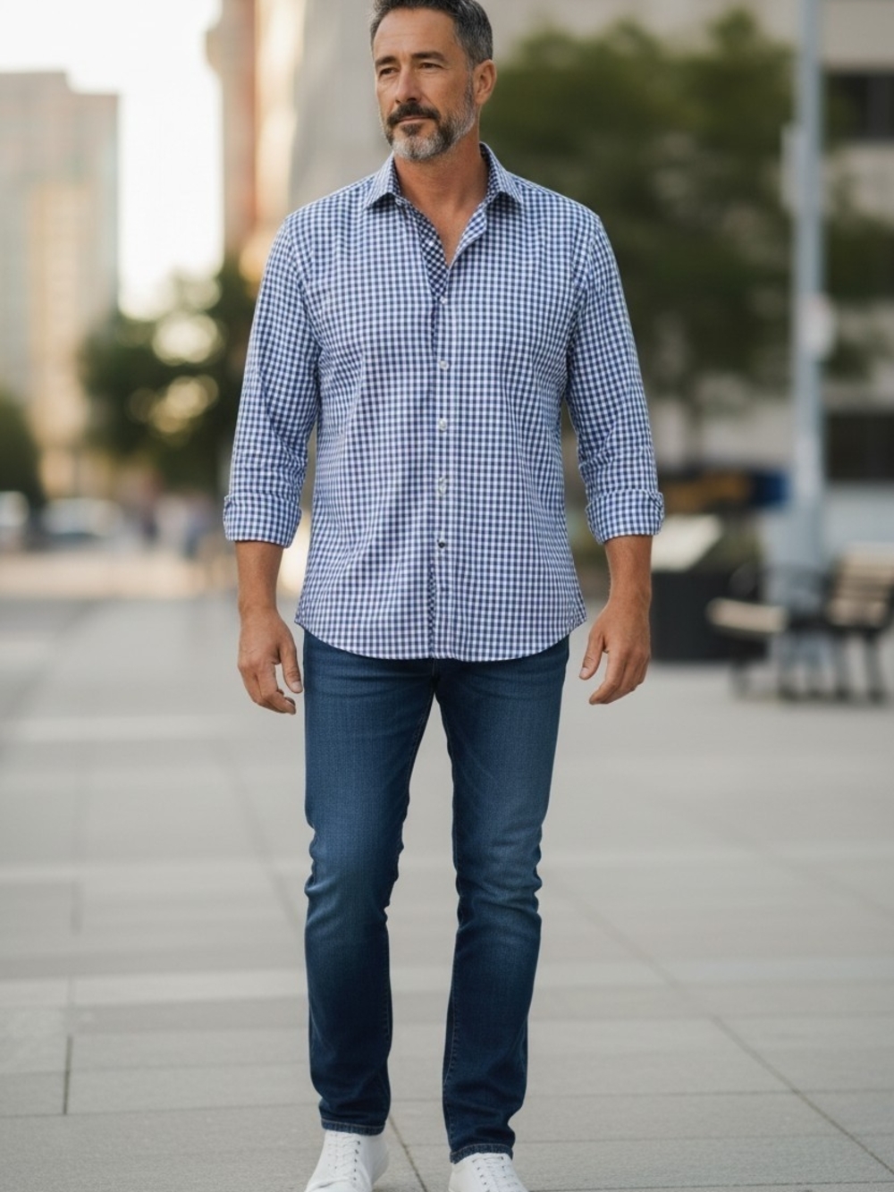 Nick Graham Everywhere Blue Gingham Button-Down Shirt Stetch Modern Fit Sz 14.5